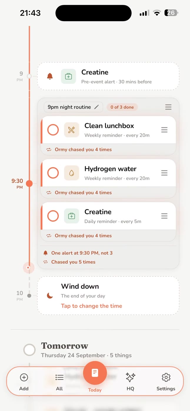 Ormy's Today screen: a 9pm night routine of three reminders, each showing how many times Ormy chased
